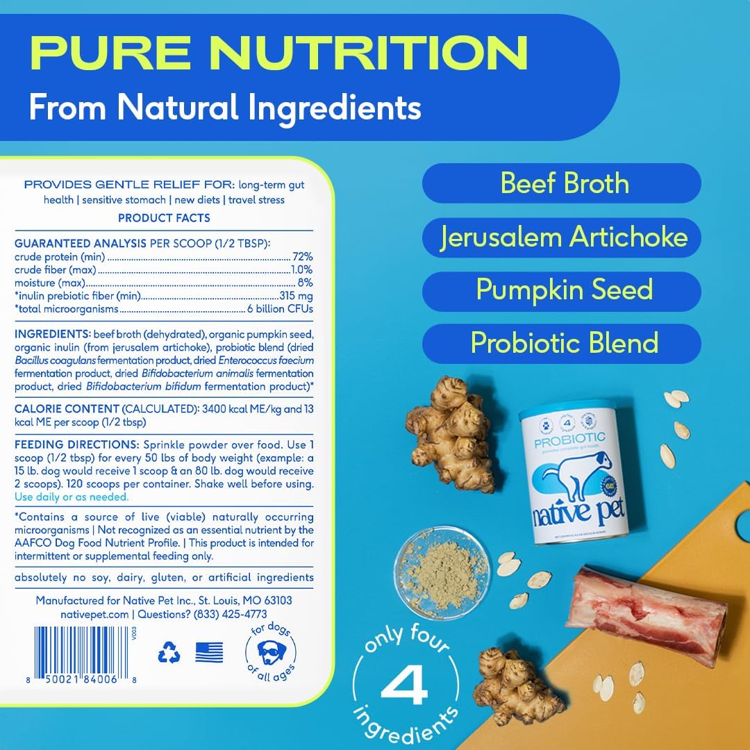 Native Pet Probiotics for Dogs - Dog Probiotics Powder for Digestive Health, Gut Support, & Immune Boost – Vet-Formulated Powder for Maximum Potency with Digestive Enzymes & Prebiotics - 120 Scoops