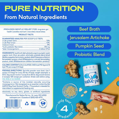 Native Pet Probiotics for Dogs - Dog Probiotics Powder for Digestive Health, Gut Support, & Immune Boost – Vet-Formulated Powder for Maximum Potency with Digestive Enzymes & Prebiotics - 120 Scoops