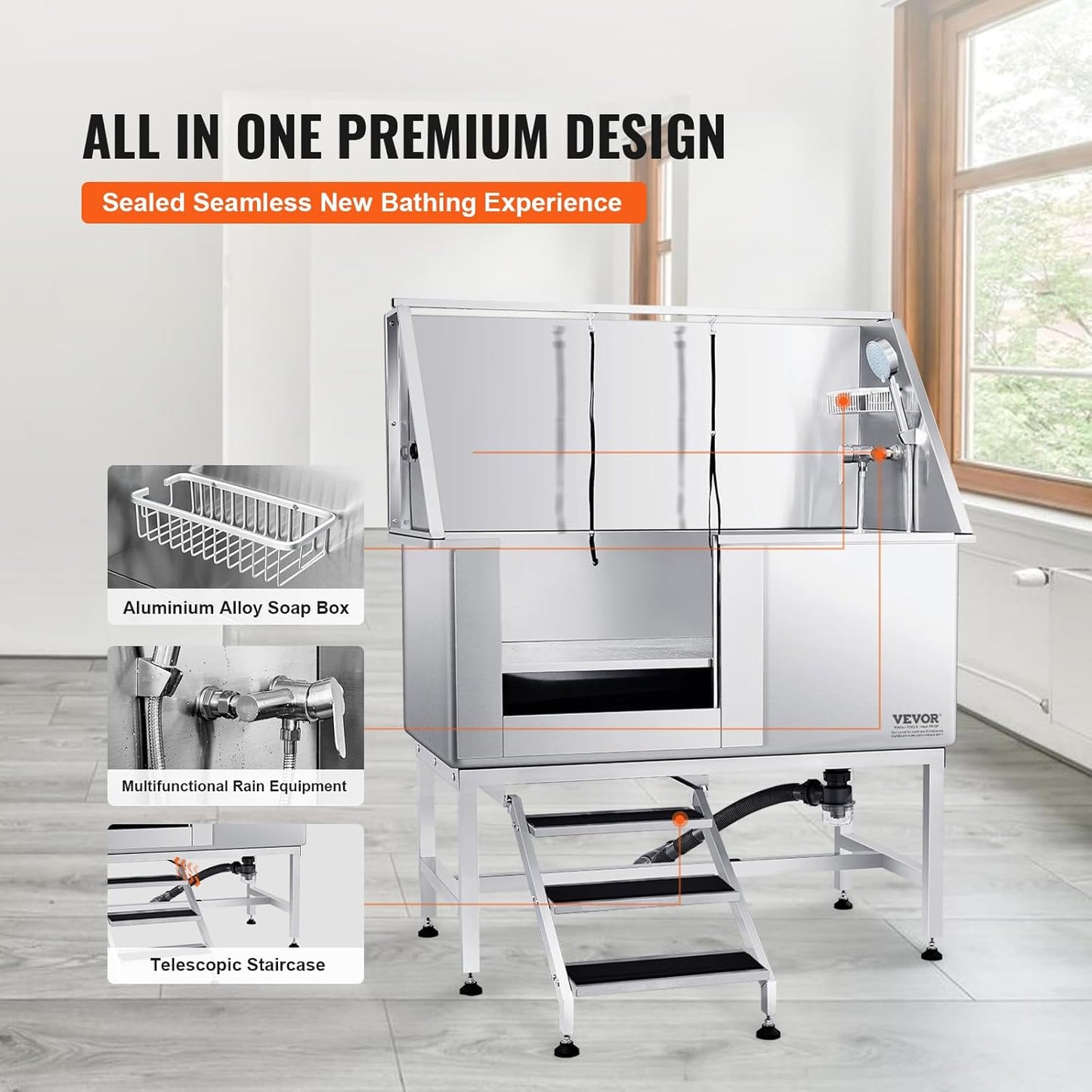 VEVOR 50" Pet Dog Bathing Station w/Stairs, Professional Stainless Steel Dog Grooming Tub w/Soap Box, Faucet,Rich Accessory, Dog Bathtub for Large,Medium,Small Pets, Washing Sink for Home Left