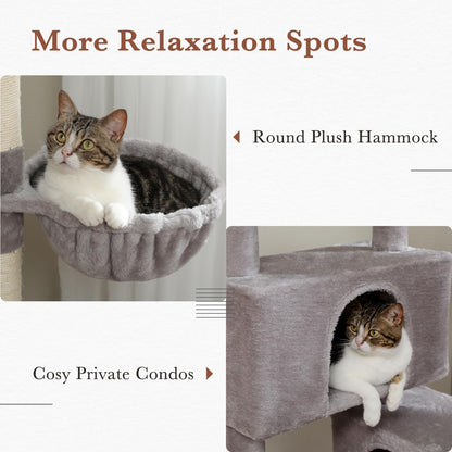 PAWZ Road Cat Tree, 60 Inches Cat Tower with Dual Condos, Spacious Perch, Cozy Basket and Sisal-Covered Scratching Posts for Indoor Cats- Gray
