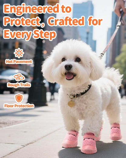 Dog Shoes for Small Dogs, Double Binding Straps Puppy Boots & Paw Protectors for Summer Hot Pavement, Winter Snow, Dog Booties with Anti-Slip Rubber Soles for Beach Hardwood Floor Pink Size 2