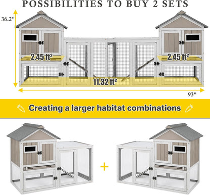 47''L Rabbit Hutch Outdoor Chicken Coop with Run, Wooden Indoor 2 Story Bunny House with Waterproof Roof, Pull Out Tray, Guinea Pig Rabbit Duck Cage for Small to Medium Animals and Pet Lover, Gray