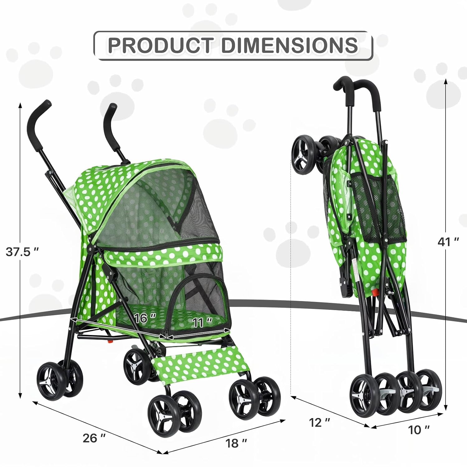 MoNiBloom 4 Wheels Pet Stroller, Easy-Fold Umbrella Shaped Dog Cat Jogger Stroller w/Storage Bag & Visible Mesh for Small/Medium Dogs Cats Lawn Green Polka Dots - Pawvie