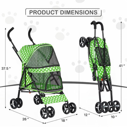 MoNiBloom 4 Wheels Pet Stroller, Easy-Fold Umbrella Shaped Dog Cat Jogger Stroller w/Storage Bag & Visible Mesh for Small/Medium Dogs Cats Lawn Green Polka Dots - Pawvie