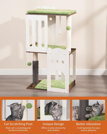 FourFurPets 43.7in 3-Tier Modern Cat Tree Tower Condo, Cat Scratch Posts for Indoor Cats, Big Plate, Two 19.7in Full Sisal Scratching Posts, White