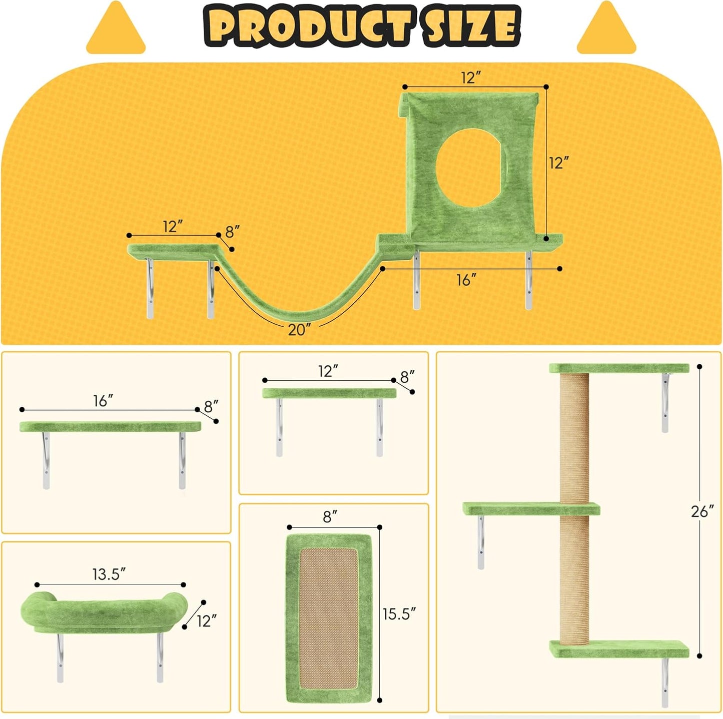 NUNU LAB Wall Mounted Cat Furniture, 6 Pcs Cat Wall Shelves with Condo House, Bridge, Steps, Scratcher, Hammock, Indoor Safe & Stable Furniture for Kittens Play, Green