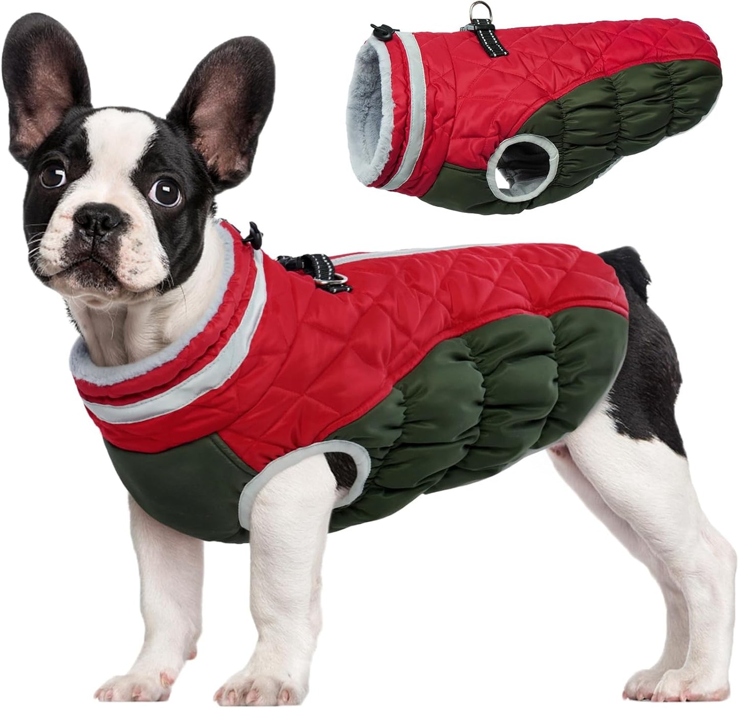 FUAMEY Dog Coat for Small Dogs,Waterproof Dog Winter Jacket with Harness Built in Puppy Cold Weather Coats Reflective Pet Vest with Zipper Warm Fleece Dogs Snowsuit Windproof Christmas S