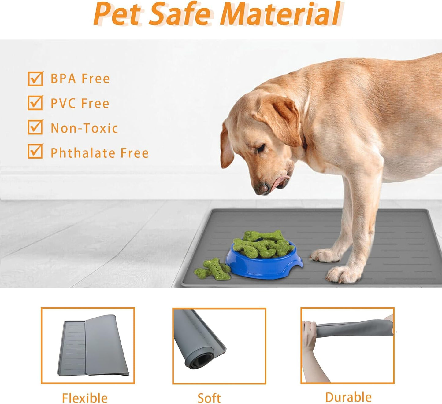 24" x 16" Dog Food Mat, Silicone Pet Mats for Food and Water, Nonslip Pet Feeding Mats for Floors, Dog Cat Bowl Mat with Raised Edges, Beige