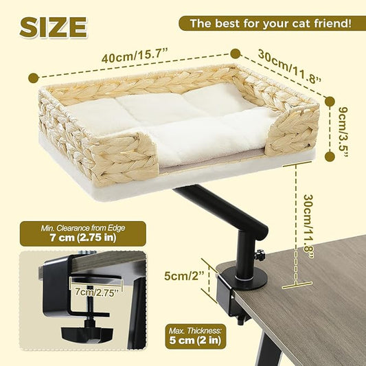 PAWZ Road Cat Desk Bed for Indoor Cats, Wicker Cat Bed for Desk Supports Up to 50 lbs, 360° Rotation & Adjustable Soft Plush Cats Hammock for Desktop, White