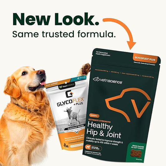 VetriScience Ultimate Strength Healthy Hip & Joint Chews, GlycoFlex Glucosamine,Chondroitin & Green-Lipped Mussel Support Supplement for Dogs, Soothe Joint Discomfort,Duck,60 Count (Pack of 2)