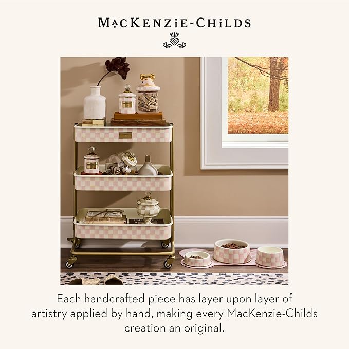 MACKENZIE-CHILDS Enamel Pet Bowl, Cute Cat and Dog Bowl for Food and Water, Medium, Pink-and-White Rosy Check