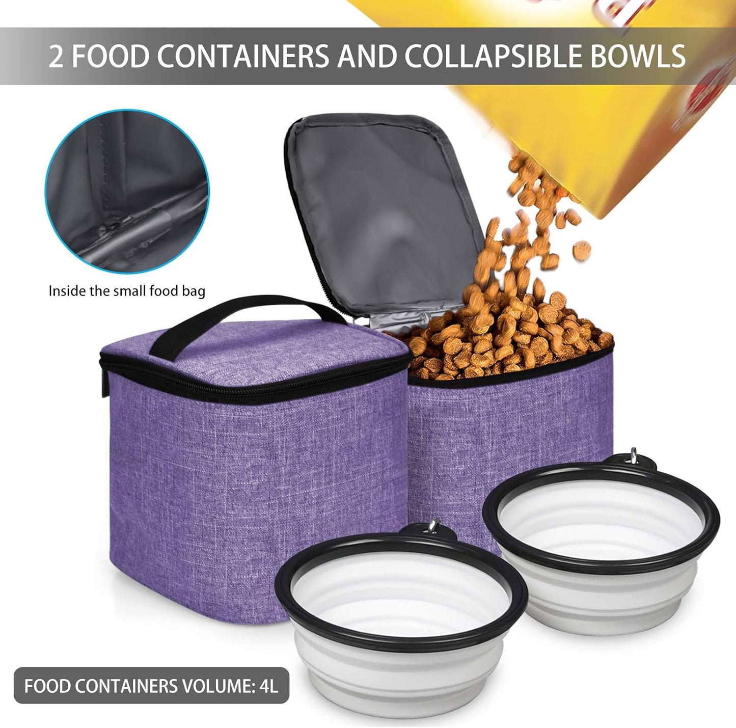 BAGLHER Pet Travel Bag, Double-Layer Pet Supplies Backpack (for All Pet Travel Supplies), Pet Travel Backpack with 2 Silicone Collapsible Bowls and 2 Food Baskets Purple - Pawvie