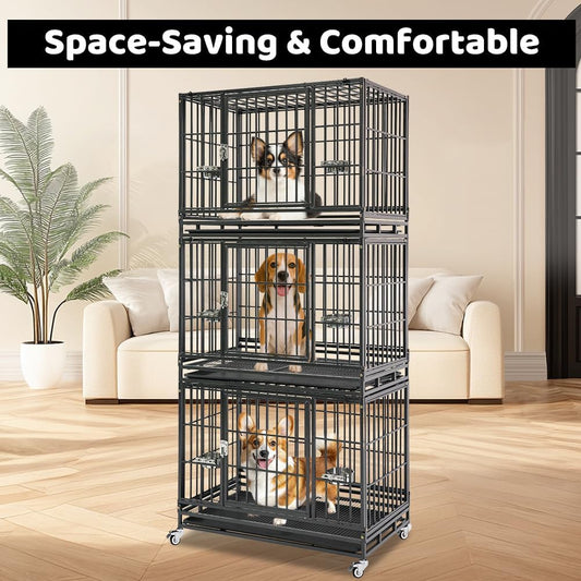 Homey Pet 3 Pack Three Levels 37 Inch Dog Crate, Escape Proof Dog Cage Kennel Indoor with Top Access and Lockable Wheels, Removable Tray, Heavy Duty Dog Crates for Medium/Small Dogs