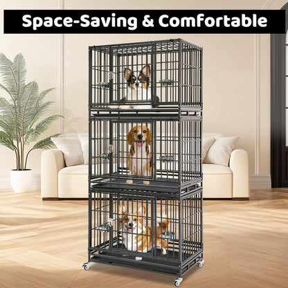 Homey Pet 3 Pack Three Levels 37 Inch Dog Crate, Escape Proof Dog Cage Kennel Indoor with Top Access and Lockable Wheels, Removable Tray, Heavy Duty Dog Crates for Medium/Small Dogs