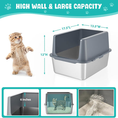 Litter Box with Lid, Stainless Steel Litter Box, 12" Metal Litter Pan High Sides, Small Litter Tray for Kittens, Cat Litter Tray Covered Grey, Easy Clean