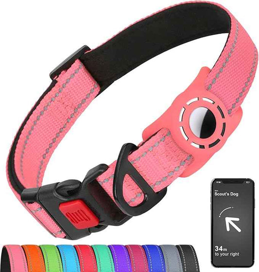 AirTag Dog Collar with AirTag Holder Compatible for Air Tag, Reflective Soft Padded, Safety Locking Buckle, Adjustable Nylon for Small Medium Large Dogs (Pink,S)