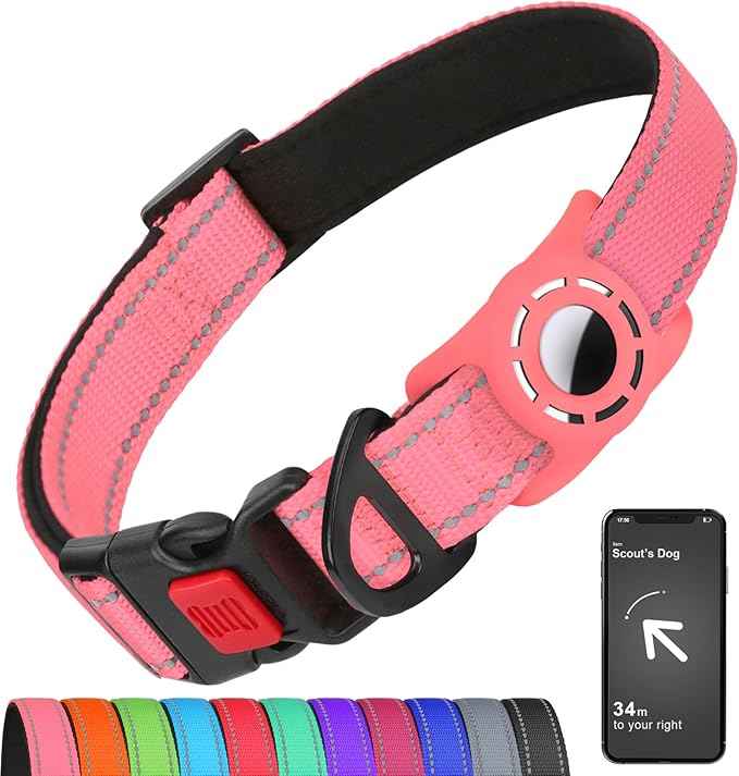AirTag Dog Collar with AirTag Holder Compatible for Air Tag, Reflective Soft Padded, Safety Locking Buckle, Adjustable Nylon for Small Medium Large Dogs (Pink,M)