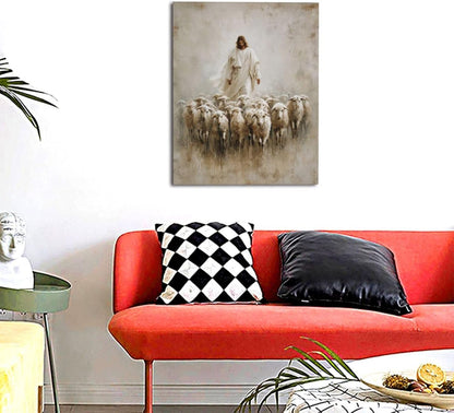 Jesus and Lamb Wall Art Christian Jesus Lamb Canvas Wall Decor Christ Religious Pictures painting Print Framed Artwork Decorations Gifts for Living Room Bedroom Prayer Room Church 16"x20"