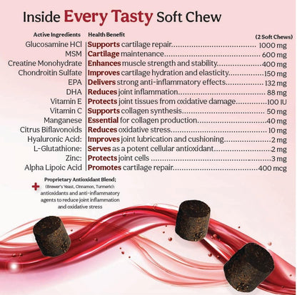 TS Joint Supplement Vet Formulated Pain & Inflammation Relief Treats Hip Dysplasia & Arthritis, Glucosamine, Chondroitin, Turmeric, MSM, HA, Creatine, Omega 3 EPA + DHA.120 Soft Chews