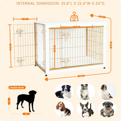 DWANTON Dog Crate Furniture with Cushion, Wooden Kennel Table with Double Doors, Indoor Dog House, Large Size, 38.5" L, White