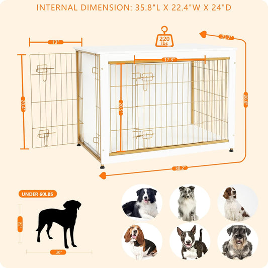 DWANTON Dog Crate Furniture with Cushion, Wooden Kennel Table with Double Doors, Indoor Dog House, Large Size, 38.5" L, White
