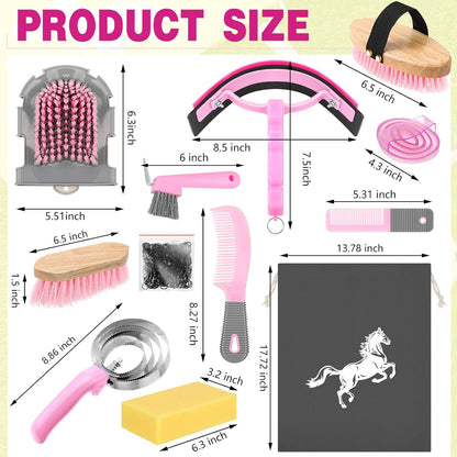 Abbylike 12 Pieces Horse Grooming Kit Racing Festival Tack Room Supplies Horse Brush Sets Equine Care Cleaning Kit Shedding Grooming Massaging Tools(Pink and Grey)