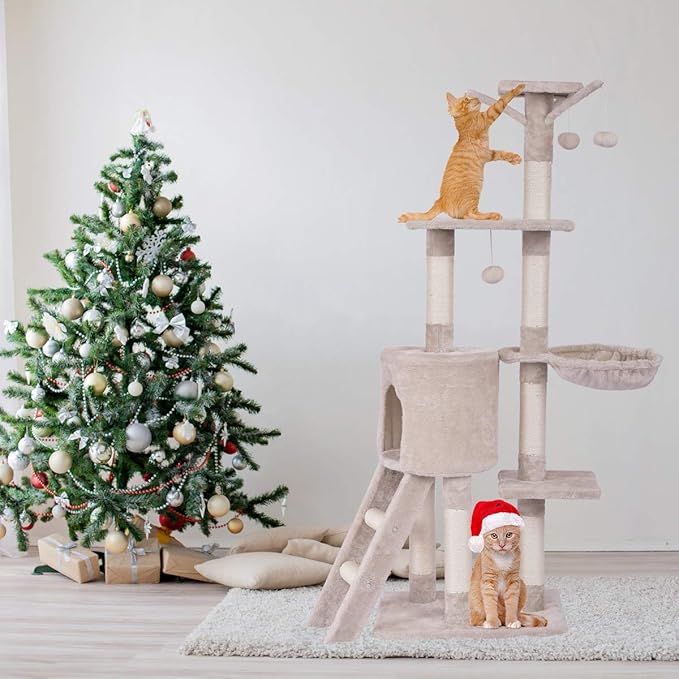 Tangkula 56 Inch Cat Tree - Multi-Level Cat Tower Condo with Sisal Scratching Post and Ladder, Large Cat Playground for Indoor Cats