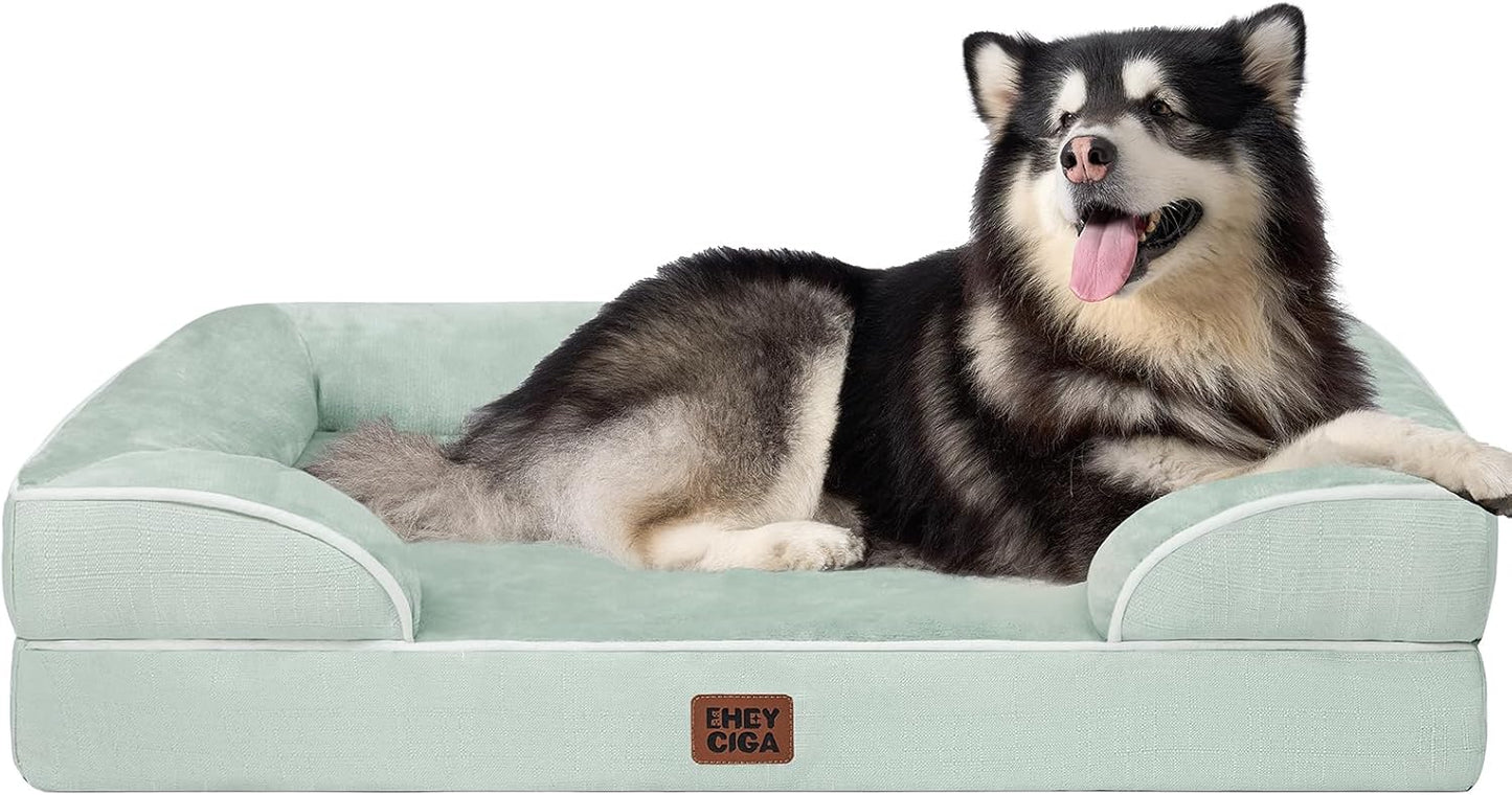 EHEYCIGA Orthopedic Dog Beds for Extra Large Dogs, Waterproof Memory Foam XXL Dog Bed with Sides, Non-Slip Bottom and Egg-Crate Foam Big Pet Couch Bed with Washable Removable Cover, Sage Green