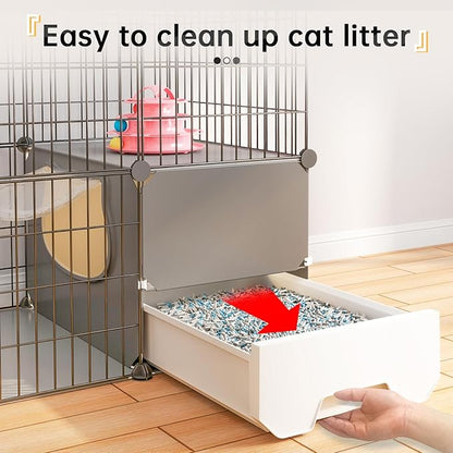 Oneluck Cat Cage with Litter Box,4-Tier DIY Enclosures Large Playpen Detachable Metal Wire Kennel Indoor Crate Large Exercise Place Ideal for 1-2 Cats (55.1" L x 17.8" W x 41.3" H)