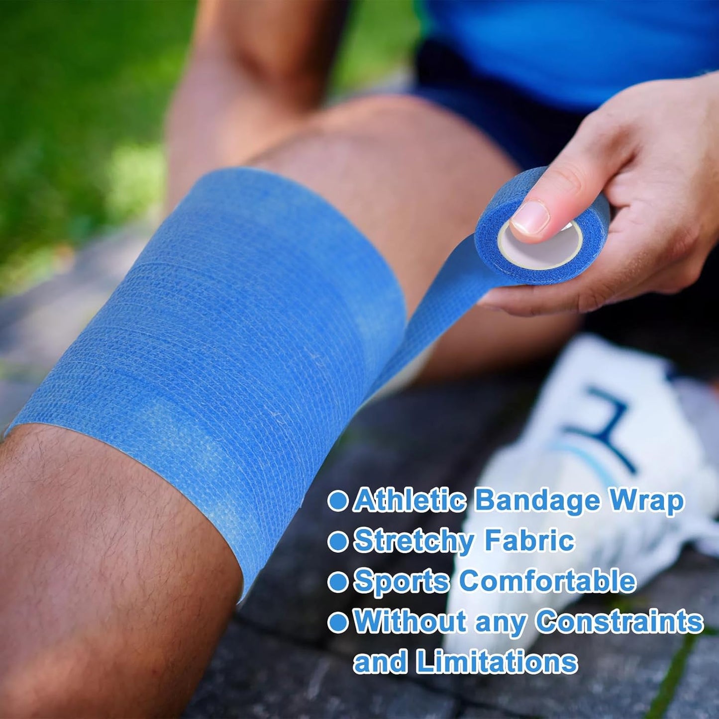 24 Pack Self Adherent Cohesive Wrap Bandages, 2” x 5 Yards Blue Athletic Tape, Medical Tape, Vet Wrap, Elastic Grip Tape for Sports Wrist Ankle Pet Ankle Swelling Sprains