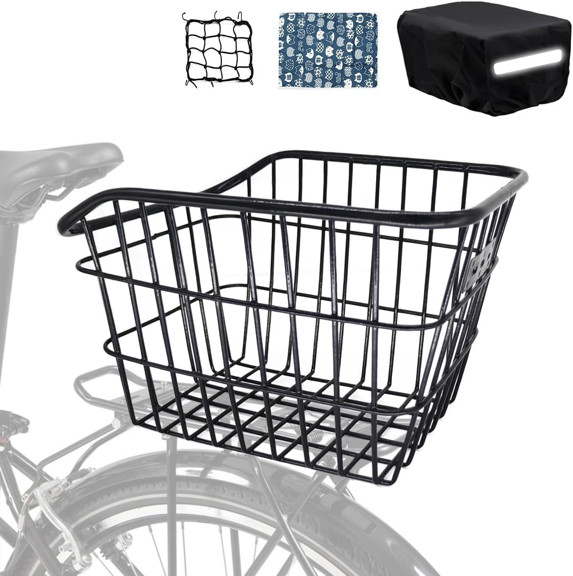 Rear Bike Basket, Tool-Free Install, Dog/Pet Carrier, Ebike Electric Bicycle Back Cargo Basket, Fits Most Rear Racks, with Waterproof Cover, Cargo Net - Pawvie