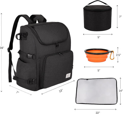 Modoker Dog Travel Bag Backpack, Airline Approved Pet Accessories Organizer for Dog and Cat with Shoulder Strap, 2 Dog Food Storage Containers, 2 Collapsible Dog Bowls,1 Pet Mat, Black - Pawvie