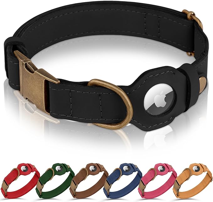 AirTag Dog Collar - Genuine Leather Dog Collar with Apple AirTag Holder and Metal Buckle - Smart GPS Tracking Pet Collars (Black, S, 12"-15" Neck Fit)