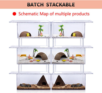 【No Assembly】 Reptile Tank Enclosure with Magnetic Button.12" * 8" * 6" Thicken Snake Enclosure Cage,Batch Stackable Reptile Breeding Tank for Insect,Fish,Tarantula,Hermit Crab,Jumping Spider