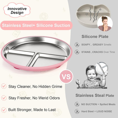 Bella's Friends Stainless Steel Baby Plates with Suction 3 Pack, 9” Divided Toddler Plates with Removable Silicone Sleeves for Mess-Free Feeding, Non-Toxic, Non-Slip, Dishwasher Safe, Green,Blue,Gray
