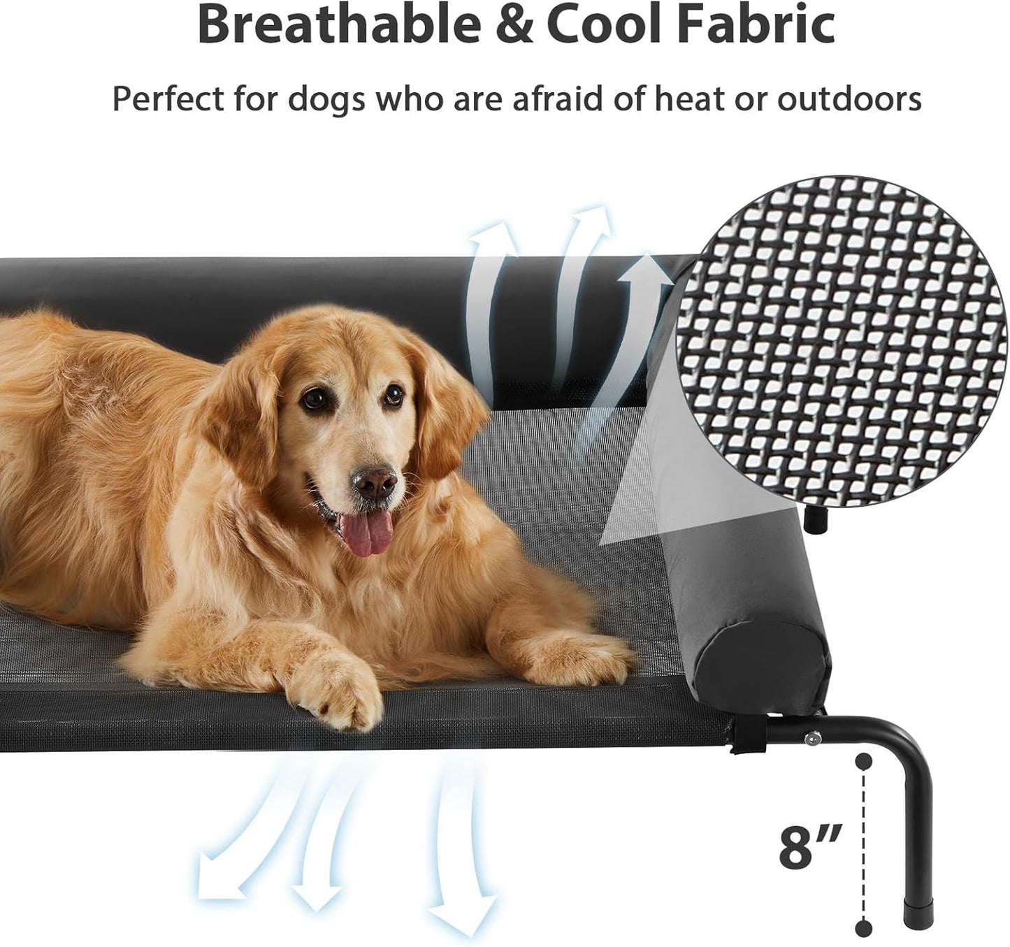 RRPETHOME Large Elevated Cooling Dog Bed, Raised Dog Cot Beds for Large Dogs, Elevated Outdoor Pet Bed, Chew Proof Portable Cooling Pet Cot with Skid-Resistant Feet and Breathable Mesh