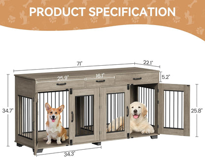 71'' Dog Crate Furniture, Wooden Indoor Dog Kennel for 2 Dogs with 3 Drawers and Removable Room Divider, XXL Double Dog Crate TV Stand End Table with Double Doors for Large Medium Dogs, Grey