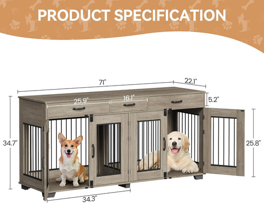 71 in Dog Crate Furniture for 2 Dogs, Wooden Double Dog Crate with 3 Drawers and Removable Room Divider, XXL Indoor Dog Kennel TV Stand End Table with Double Doors for Large Medium Dogs, Grey