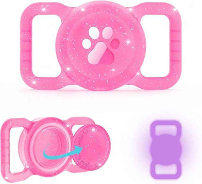 SANKALA Luminous Airtag Dog Collar Holder, [1 Pack] Glittery Waterproof Airtag Holder for Dog, Silicone Full Body Covered Anti-Lost Protective Airtag Case - Fits All Width Pet Collars, Pink Glitter
