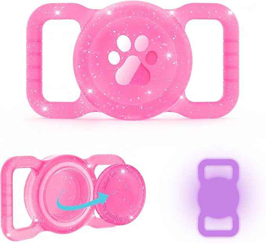SANKALA Luminous Airtag Dog Collar Holder, [1 Pack] Glittery Waterproof Airtag Holder for Dog, Silicone Full Body Covered Anti-Lost Protective Airtag Case - Fits All Width Pet Collars, Pink Glitter