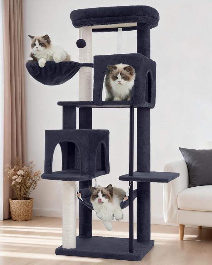 51.2'' Cat Tree Tower, Cat Tower with Scratching Post, Sturdy Steel Pube Cat Tree for Inoor Cats Large Adult, Cat Hammock and Basket, Padding Top Platform, Drak Gray GCT014G