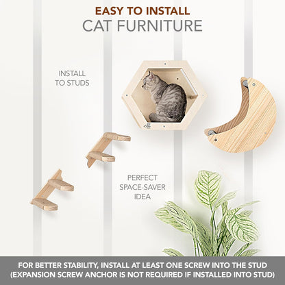 3-Piece Cat Wall Furniture Set - Hammock, Hexagon House, Climbing Steps - Wall Mounted Shelves, Perches, and Beds - Modern Design for Large Cats and Kittens & Spare Hammock Fabric Included