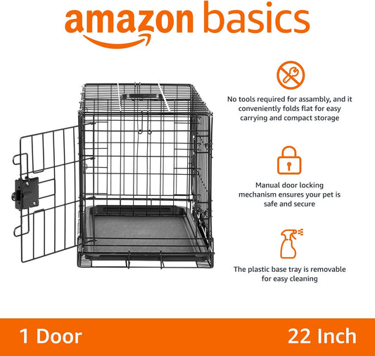 Amazon Basics Durable, Foldable Metal Wire Pet Crate with Tray, Portable and Sturdy for Travel, Single Door, Divider Panel, Perfect Size for Small Dogs, 22 x 13 x 16 in, Black