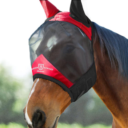 Harrison Howard Pro Luminous Horse Fly Mask Standard with Ears UV Protection for Horse Scarlet Red/Black XL Extra Full Size