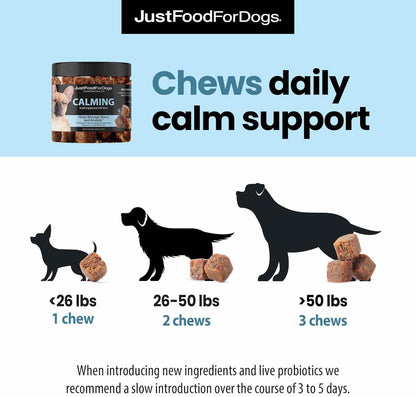 JustFoodForDogs Calming Supplement for Dogs Soft Chew to Support Stress and Anxiety, Melatonin, Relaxation Aid, Human-Grade Ingredients - 45 Count