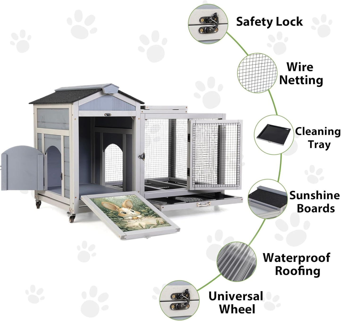 COZIWOW 38.5inches Durable Wooden Rabbit Cage Indoor，Wide Space Small Animal House with Removable Tray&Safety Lock，Rubbit Hutch with Waterproof Roof&Solar Panels (Grey with Pattern)