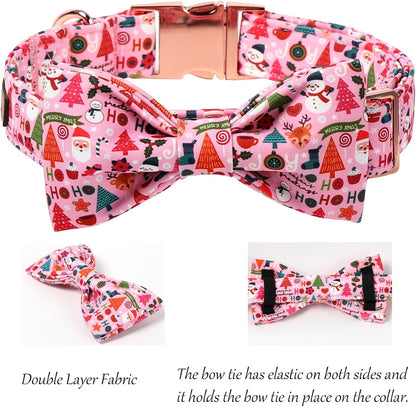 Lionet Paws Christmas Dog Collar with Bow tie,Cute Ho Christmas Tree Snowman Pink Dog Collar Bow Tie for Large Dogs Female, Neck 16-24 inches