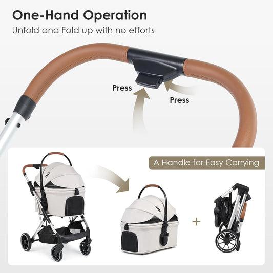T6 Luxury Pet Stroller for Medium Dogs Up to 66lbs or 2 Small Pets â 3-in-1 Dog & Cat Stroller with Removable Carrier, Foldable & Lightweight (Beige)