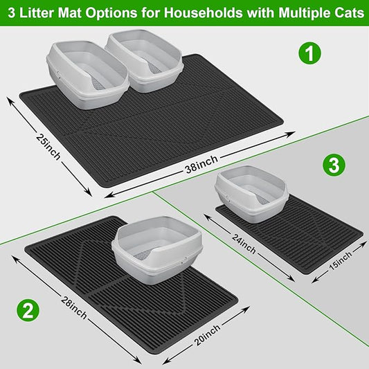 Gosmol Cat Litter Mat XXL 38" x 25" Extra Large Waterproof Trapping Mat with Raised Points, Easy Clean Litter Mat, Non-Slip Silicone Cat Mats for Litter Boxes & Floor-Black