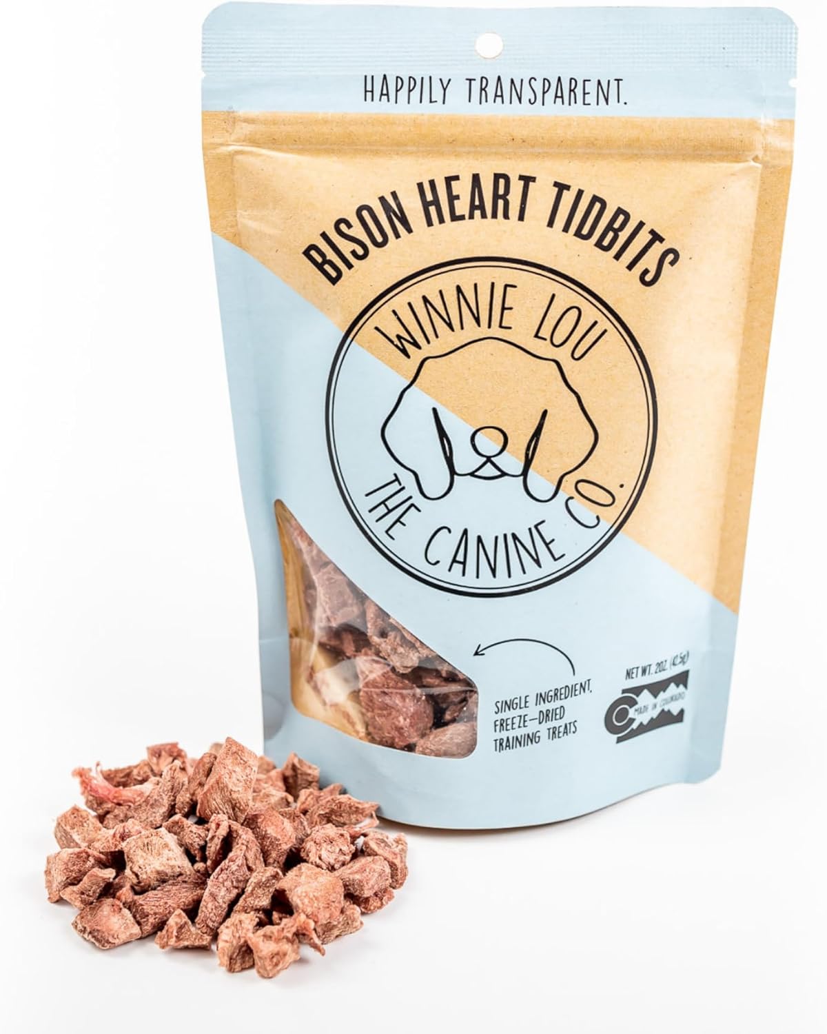 Winnie Lou The Canine Co. Freeze Dried Bison Heart Tidbits - Single Ingredient, Human-Grade, No Artificial Flavors or Fillers, Perfect for Training (Pack of 1)
